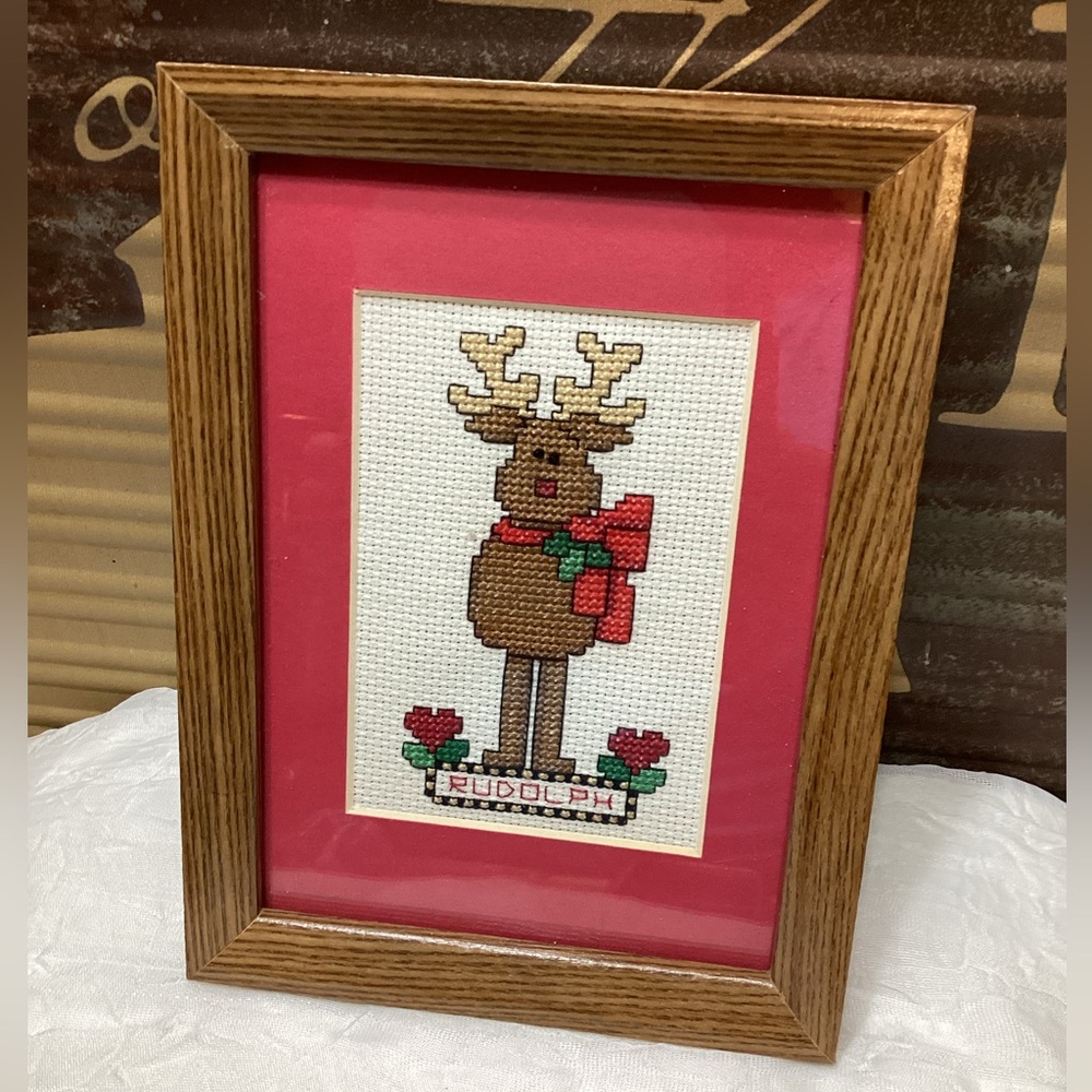 Framed Handmade Rudolph the Red Nose Reindeer Cross-Stitch Art Christmas Decor